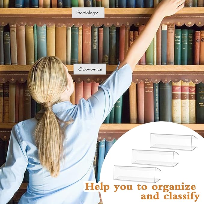 100 Pcs of 3" x 1" Clear Plastic Shelf Label Holders with 100 Label Inserts. Slide-in Tags Holder for Bookshelves, Wood Shelf Signs, Ticket Holders, and Wire Shelving.
