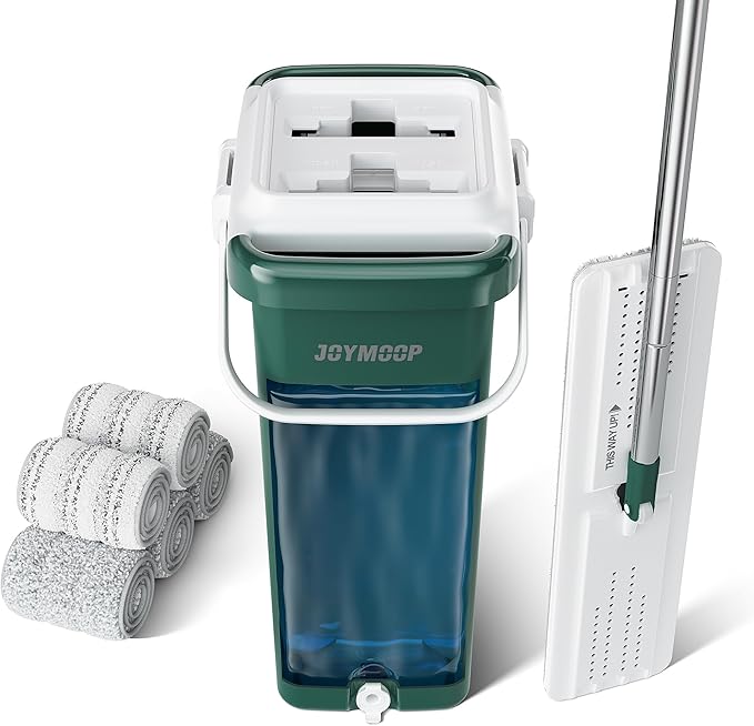 JOYMOOP Commercial Mop and Bucket Set, 17.7-inch Dust Mops for Floor Cleaning, Flat Mop Bucket with Wringer, Include 5 Reusable Microfiber Mop Pads - Forest Green