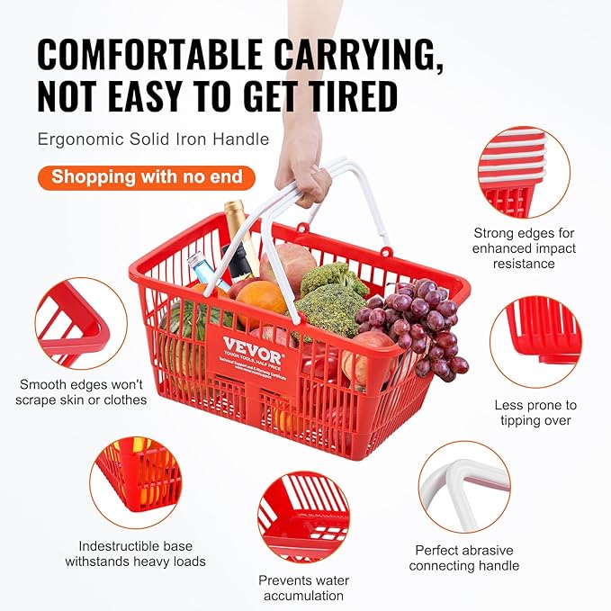VEVOR Set of 20, 21L Red Plastic Grocery Basket with Handle and Stand, 16.5 x 11.8 x 8.27 inch Portable Shop Basket, Ideal for Retail Store, Supermarket, Grocery Shopping
