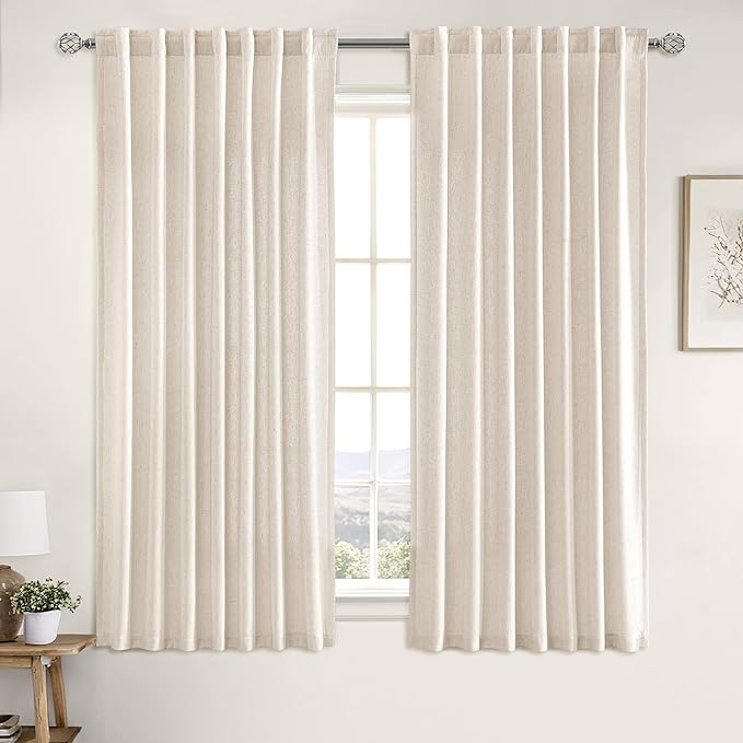 MIULEE Non-See-Through Privacy Linen Curtains 2 Panels, Light Filtering Window Curtains Farn House Textured Back Tab Semi Sheer Drapes for Bedroom Living Room, 52 x 63 Inches Long, Cream
