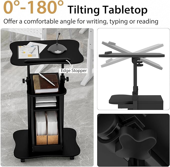 Tangkula Mobile Lectern Podium, Height Adjustable Podium Stand, Standing Sit-to-Stand Desk, Rolling Cart Laptop Desk with Swivel Top Movable Wheels & Storage