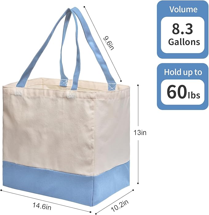 Reusable Grocery Bags Heavy Duty, 8.3 gal Foldable Large Canvas Tote Bag with Handles, Holds 60 lbs Canvas Shopping Bags, 1 Pack（Off White+Light Blue）