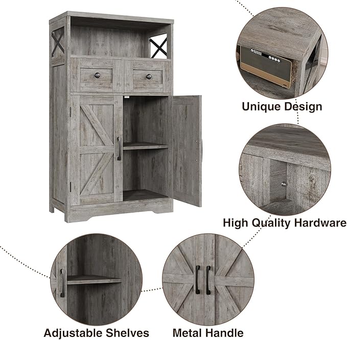 Small Farmhouse Storage Cabinet with Barn Doors, Farmhouse Kitchen Pantry Cabinet, Tall Coffee Bar with Storage, Hutch Cupboard for Kitchen, Laundry, Living Room, Washed Grey