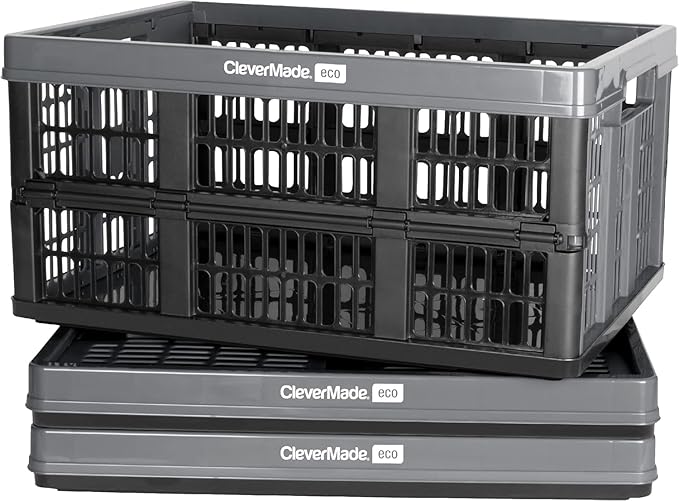 CleverMade Collapsible Utility Crates - Stone 3 Pack 45L / 11 Gal holds 66 lbs - Stackable Containers Heavy Duty Capacity Crates-Space-Saving Baskets