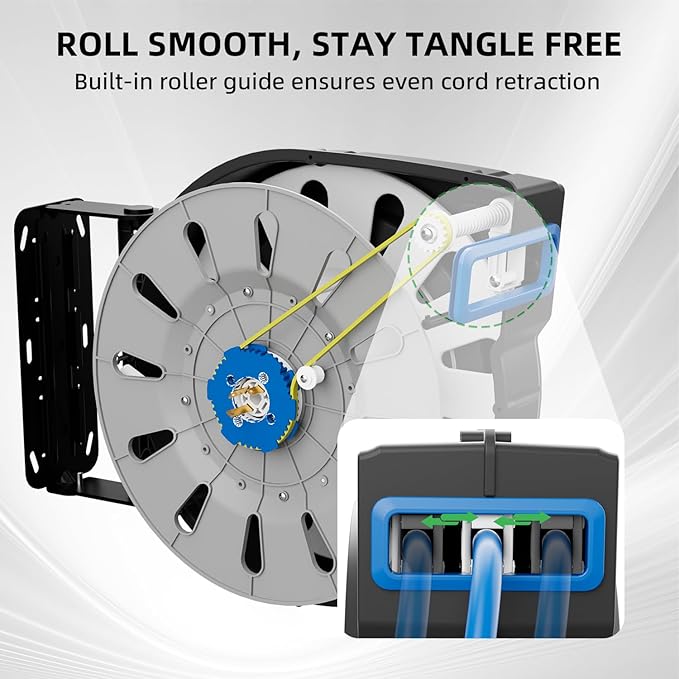 80FT Retractable Extension Cord Reel, 14 AWG/3C SJTOW Heavy Duty Power Cord with Lighted Triple Outlet, 13A Circuit Breaker, 180° Swivel Wall/Ceiling Mount Retractable Cord Reel, ETL Listed, Blue