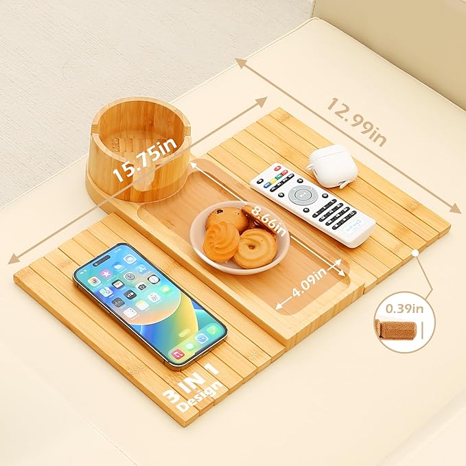 Couch Cup Holder Tray, 15.75" Bamboo Cup Holder for Couch, 3 in 1 Foldable Arm Chair Clip on Side Tray Table for Remote Snack Table on Armrest