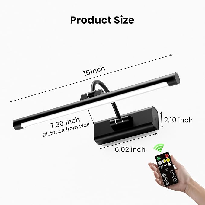 16" Picture Light with 6000mAh Battery - Black Operated Wireless Wall Sconce with Remote & Timer for Paintings, Photos & Frames