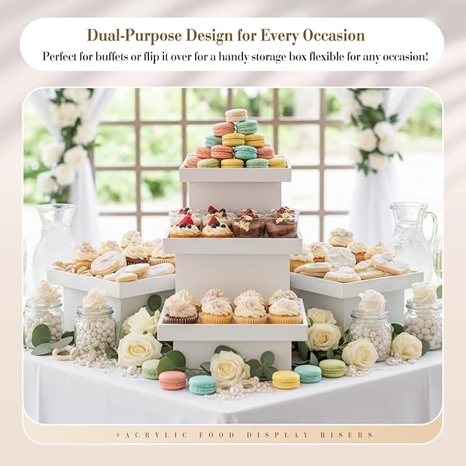 Leinuosen 7 Pcs Extra Large Buffet Risers Set 8" to 14" Acrylic Display Box Square Catering Dessert Table Riser Food Display Decorative Stand with Hollow Bottom for Catering Supplies(White)