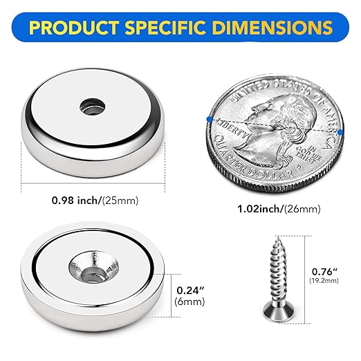 DIYMAG Neodymium Round Base Cup Magnet,60LBS Strong Rare Earth Magnetic with Heavy Duty Countersunk Hole and Stainless Screws for Refrigerator Magnets,Office,Craft,Etc-Dia 0.98 Inch-Pack of 12
