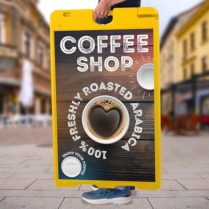 Jumbl Outdoor A-Frame Sandwich Signboard 24” x 36” Display Surface – w/PVC Sign Protector & Sand Fill Holes – Duel Display Signage Stand for Storefront Sidewalk Curb (Yellow)