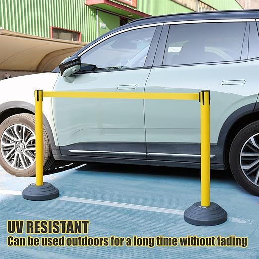 6 Pack Premium Crowd Control Stanchion Set, 40" H Delineator Post with 10' Feet Retractable Belt, Heavy-Duty Base, Safety Rope Barriers for Traffic Queue (Water Filled Base, Yellow)