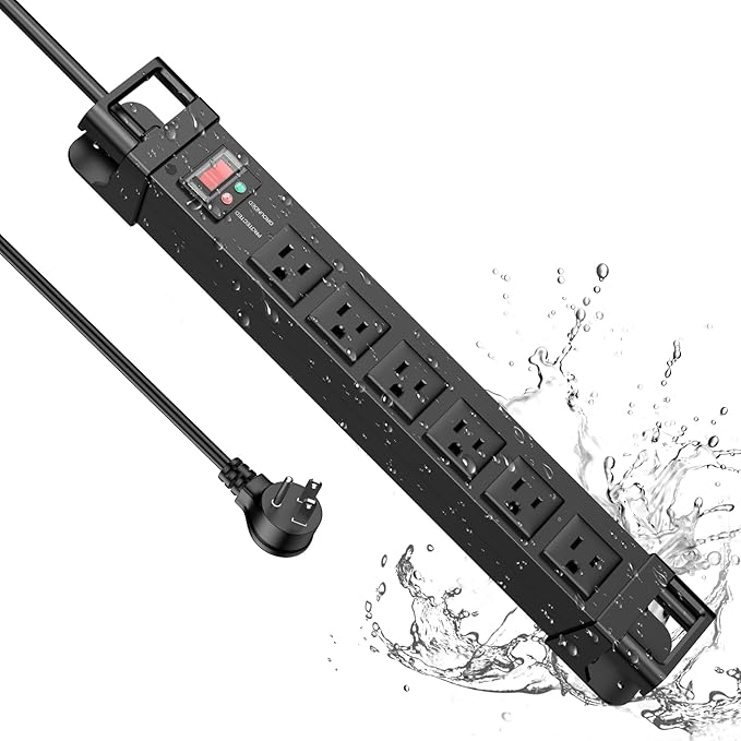 IPX6 Outdoor Power Strip Weatherproof,6 Outlet Metal Surge Protector Wall Mountable for Camping,Garden & Home,Heavy Duty 6FT ETL Certified Waterproof Extension Cord