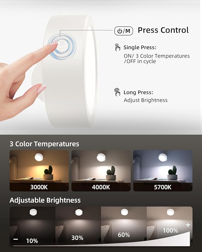 EZVALO LED Wall Mounted Lights, 5500mAh Rechargeable Wall Sconces Lamp, 3 Color Temps & Remote and Touch Control, 360°Rotation Dimmable Cordless Wall Light for Bedroom (3 Pack White)