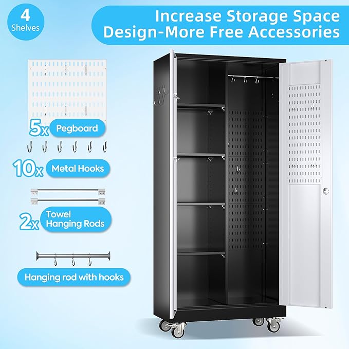 Broom Closet Storage Cabinet with Hanging Rod, 71" H Garage Storage Cabinet with Wheels and Pegboard & 13 Hooks for Garage, Home, Metal Cabinets, Black and White