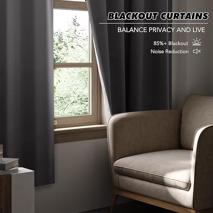 KGORGE 63 inch Curtains 2 Panel Set, Blackout Privacy Thermal Insulation Noise Reducing Grommet Curtain Drapes for Bedroom and Living Room, W52 x L63 inches,Back Tab Rod Pocket, Grey, 2 Panels