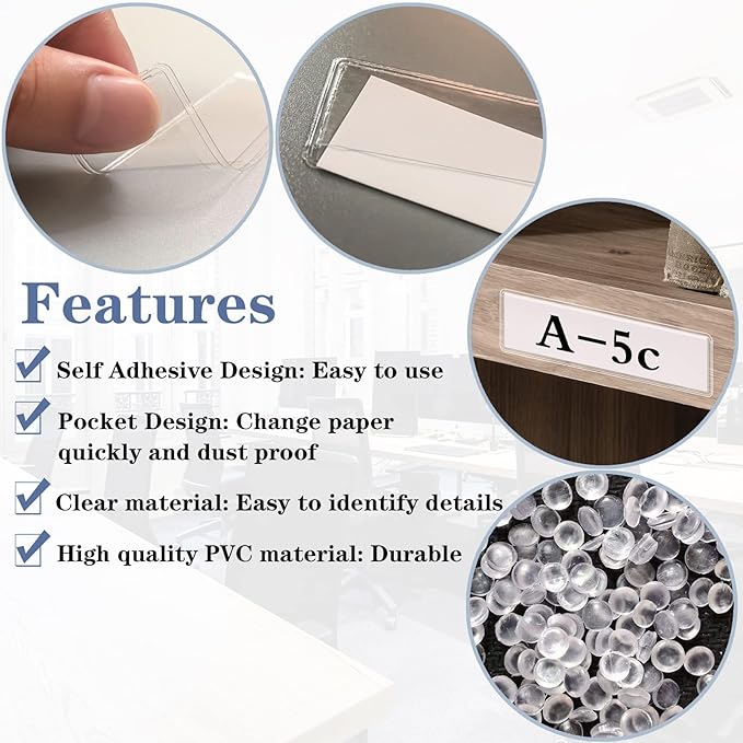 Self Adhesive Label Holders, ELEMGULY 100 Pack Adhesive Shelf Tag Shelf Label Holder Clear Pocket Holder with Paper for Supermarket, Bookshelf, Kitchen (4.3 x 1.2 Inch)