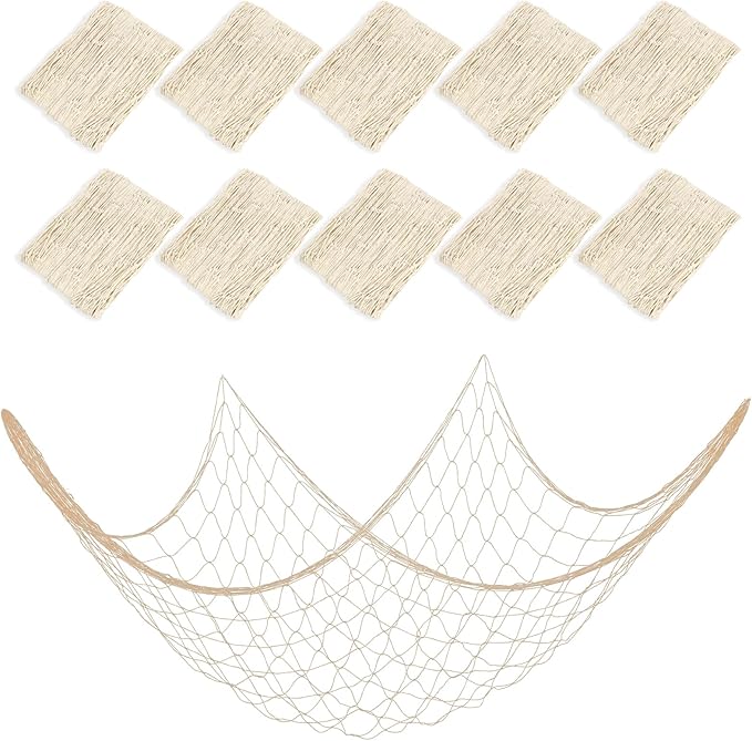 10 PCS Fish Net Decorations, 80 X 40 Inch Fishing Net Decor Natural Fish Netting Cotton Nautical Wall Decor for Ocean-Themed Party Accessories, Beach Party Decorations and Photo Display-Beige