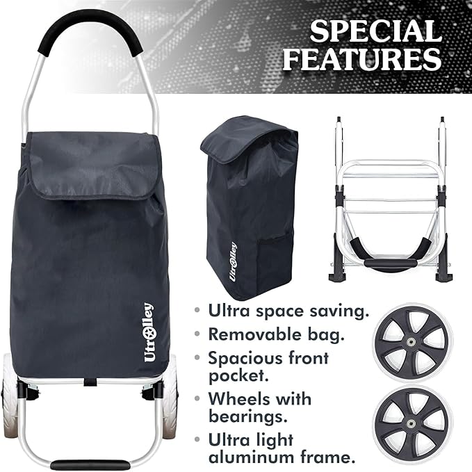 Ultra-Lightweight Foldable Grocery Cart with 40L Capacity, Soft Rolling Wheels, Removable Insulated Bag – Multi-Purpose Personal Hand Truck (Black)