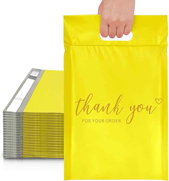 JinRuiKJ Poly Mailers with Handle 12x15.5 Inch 50 Pcs, Easy to Carry Packaging Bags for Small Business, Thank You Shipping Bags with Self Adhesive Strip, Tearproof and Waterproof - Yellow