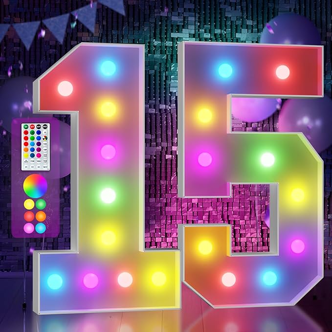 Marquee Numbers Colorful 15th Birthday Decoration: 4FT Large Light Up Quinceanera Birthday Decorations Anniversary Backdrop Cardboard Sign 18 Colors Number 15 Mosaic Balloon Frame