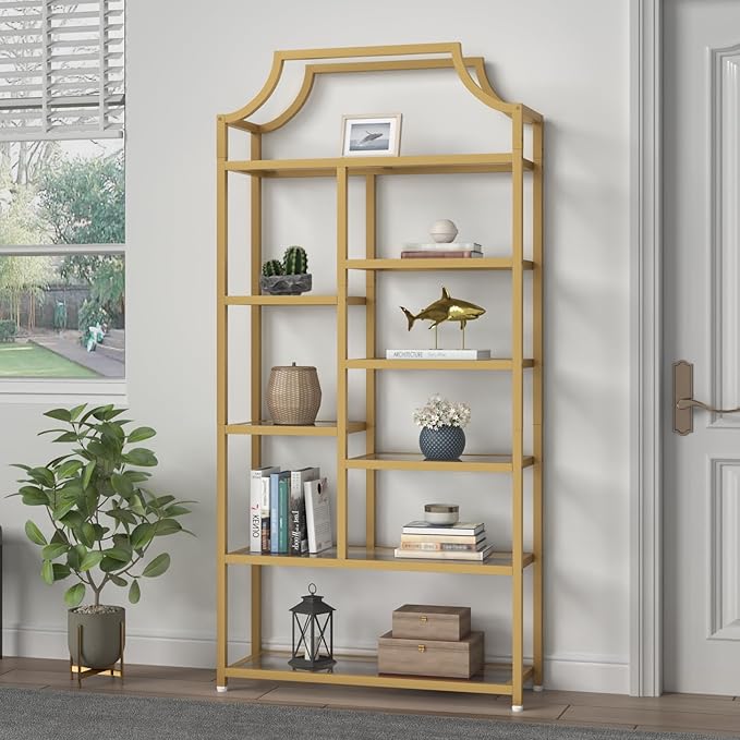 Loomie 8-Open Shelf Bookshelf, 70.87" H x 31.5" L Lux Etagere, Tempered Glass Bookcase, Tall Storage Display Modern Open Book Case for Bedroom, Home Office & Living Room, Gold Finish & Glass Shelving