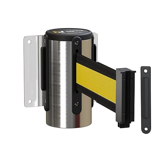 Montour Line WM115 Wall Mounted Retractable Belt Barrier with Standard Belt End, Fixed Mount, Polished Stainless Steel Casing (8.5 ft Black with Yellow Horizontal Stripe Belt)
