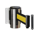 Montour Line WM115 Wall Mounted Retractable Belt Barrier with Standard Belt End, Fixed Mount, Polished Stainless Steel Casing (8.5 ft Black with Yellow Horizontal Stripe Belt)