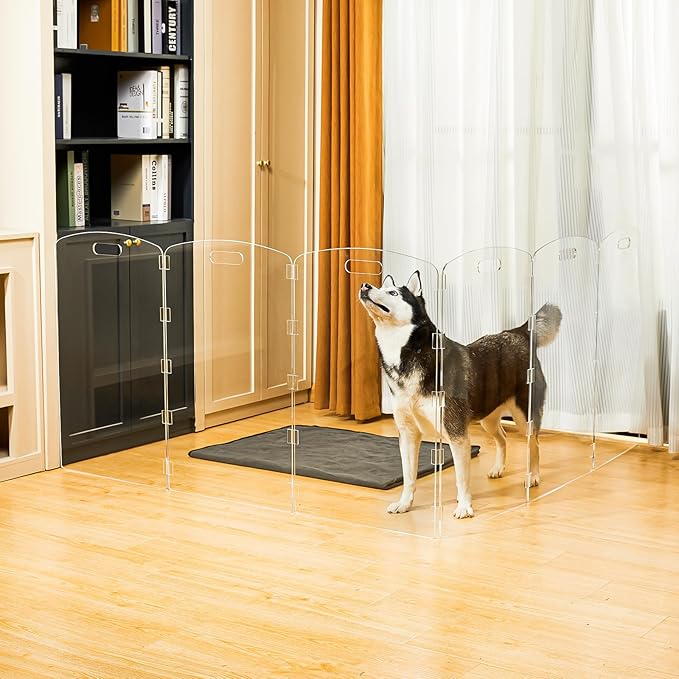 Modern Frame Clear Acrylic Freestanding Dog Gate - 32" Tall Extra-Wide Folding 6-Panel Pet Barrier for Doorways, Stairs & Large Openings, Indoor Fence for Small to Large Dogs & Cats