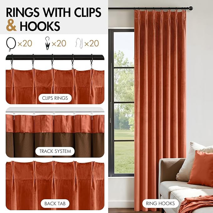 MIULEE Terracotta Velvet Curtains 108 inches Long, Pinch Pleated Blackout Fall Drapes with Hooks, Thermal Insulated Pinch Pleat Panels for Bedroom Living Room, 2 Panels