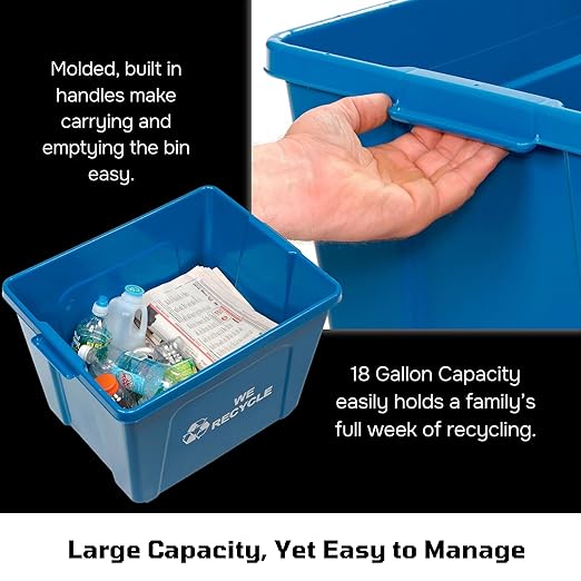 Curbside 18 Gallon Green Recycling Bin with Carrying Handles for Homes or Businesses for Curb Recycling - Four Pack of Bins - Green