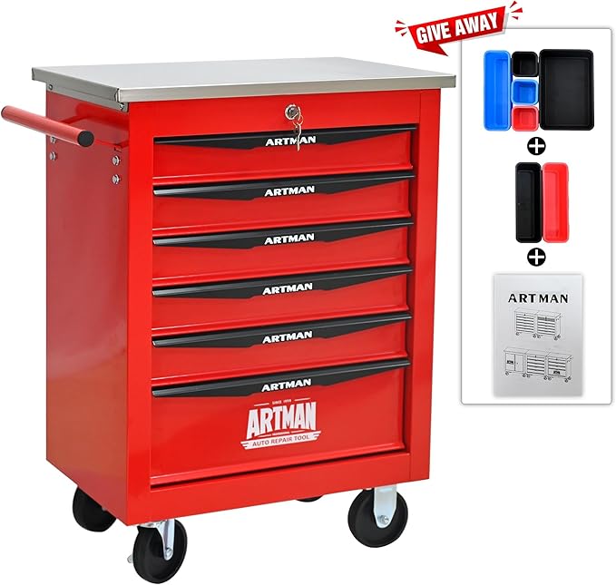6-Drawer Heavy-Duty Rolling Tool Chest with Wheels & Steel Roof, Lockable Tool Chest Storage Cabinet for Garage, Workshop, Warehouse, and Repair Shop