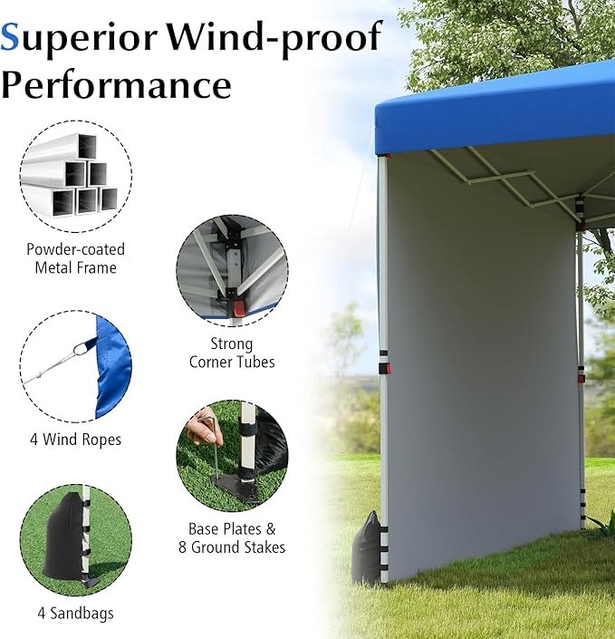 Tangkula 10x10 FT Pop up Canopy with Sidewall, Easy Setup Outdoor Tent with Wheeled Bag, 4 Sandbags, 4 Ropes, 4 Anchors, 8 Stakes, Vented Top, Portable Canopy Tent for Party Event Patio (Blue)