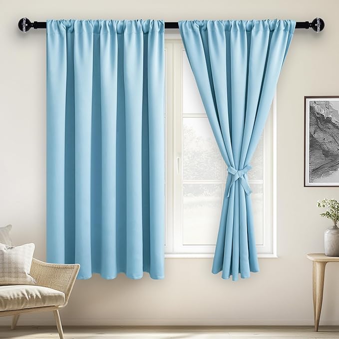 JIUZHEN Blackout Curtains for Bedroom - 70 x 63 Inch Extra Wide Privacy Assured Thermal Insulated Room Darkening Room Divider Curtain Cover for Living Room, Set of 2 Panels with Tiebacks,Light Blue