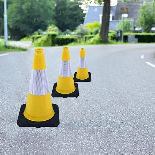 6 Pack 18 Inch Yellow Traffic Cones with Reflective Bands, Durable Black Base Cones for Factory Safety, Loading Zones and Parking Guidance (6, Yellow, 18 Inch)