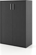Homes: Inside + Out Apexa 3-Tier Stackable Wood Bookcase with Doors, Cube Storage Organizer Shelves, Small Food Pantry Cabinet, Dorm Teen Room Decor & Bedroom, Home Office, Kitchen, Black