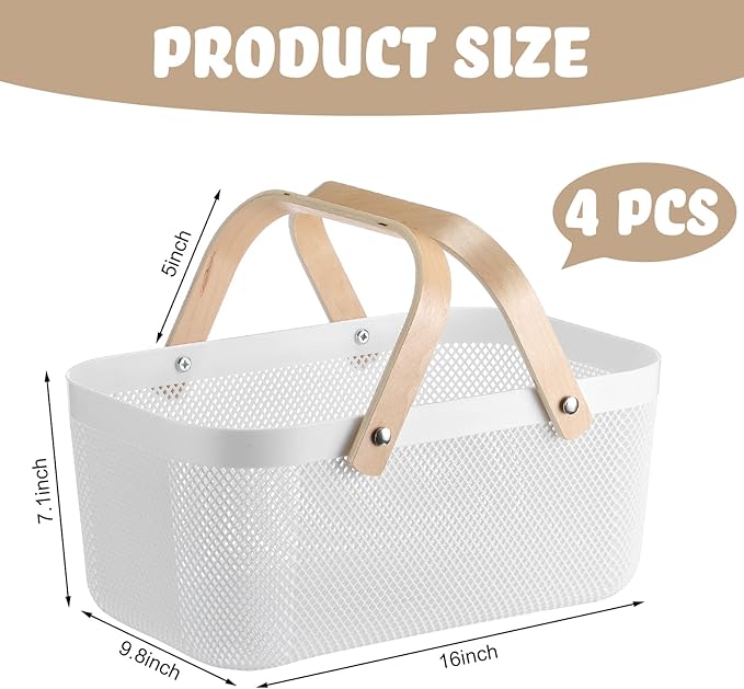 Sadnyy 4 Pcs Plastic Mesh Garden Harvest Basket Storage Basket with Wooden Handle Multi Functional Mesh Bin for Kitchen Cabinet Picnic Fruit Vegetable Gathering Organizer(Large,White)