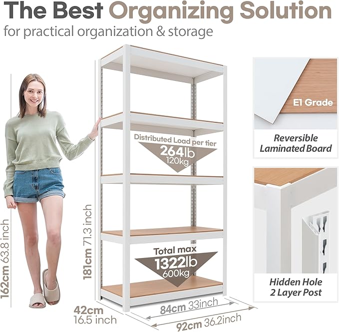 HOMEDANT House 5 Tier Laminated Metal Shelving Unit Adjustable Storage Utility Rack Heavy Duty Shelves Organization Multipurpose Shelf Kitchen Garage Pantry Closet (1, (M) 36.2" W, White)