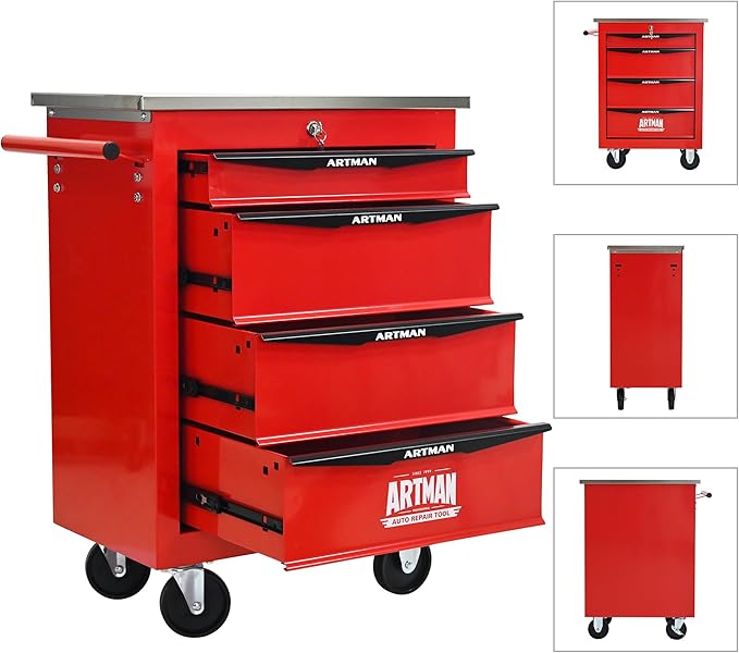 4 Drawer Rolling Tool Chest with Locker, 22.2" D Metal Movable Lockable Tool Cart Box Multi-Functional Hardware Storage Cabinet Box for Warehouse Basement Home Pantry Garage