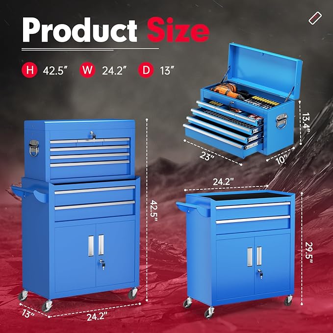 Superday Metal Tool Chest, 8 Drawer Rolling Tool Chest with Wheels, Detachable Tool Storage Cabinet with Lock for Garage, Steel Tool Cart with Liner & Hooks for Workshop, Warehouse (Blue)