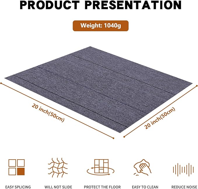 16-Pack 20"x20" Carpet Tiles, Non-Adhesive Soft Padded Floor Squares with Seamless Look for Home, Office, Indoor & Outdoor Use (43 Sq Ft) (K3)