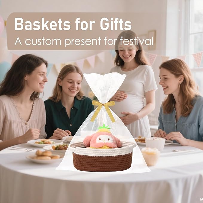 Woven Basket,Small Rope Storage Bin with Handles & Ribbon Bag, Organizer for Shelves Closets,Gift Basket Empty for Birthday,Books,Dog Toys, White&Brown/3 Pack