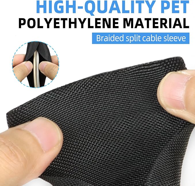 Automotive Wire Loom Tubing, Split Braided Cord Protectors from Pets No Chew, Flexible Cable Sleeve Cable Management for TV/Computer/Electric Wires (Black, 1/2"-10ft)