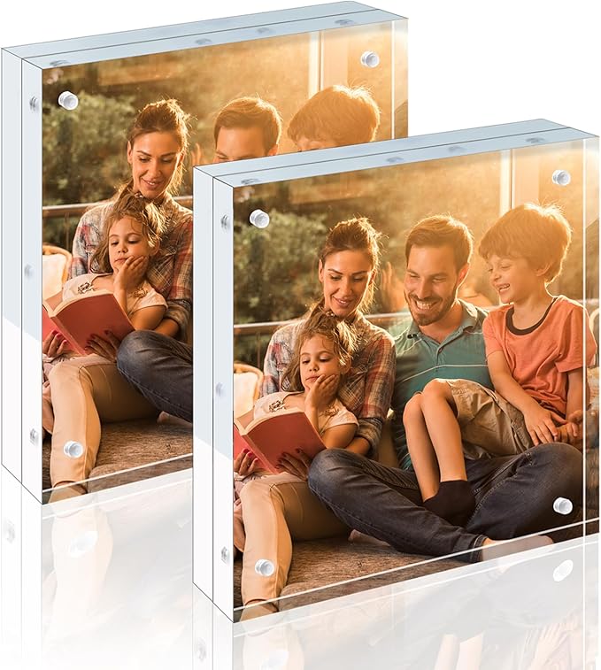 Egofine 8x8 Acrylic Frames 2 Pack, 20mm Thicker Frameless Clear Picture Frames, Double Sided Magnetic Picture Frames, Free Standing Desktop Display