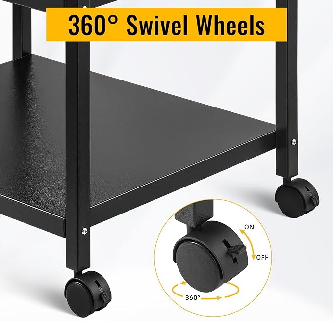 Under Desk Printer Stand with Wheels, 3-Tier Heavy Duty Rolling Cart with Adjustable Storage Shelf, Industrial Printer Table for Printer, Scanner, Home, Office, Black