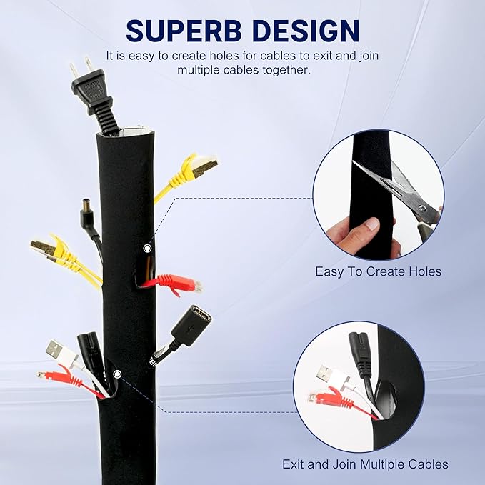 Neoprene Cable Management Sleeve 6.6ft (80 inch) - 1.5 inch, Velcro Cuttable Cord Organizer, Split Wire Loom Tubing Reversible Cord Protector for TV USB PC Ethernet Cable Hider Protect Pets Kids