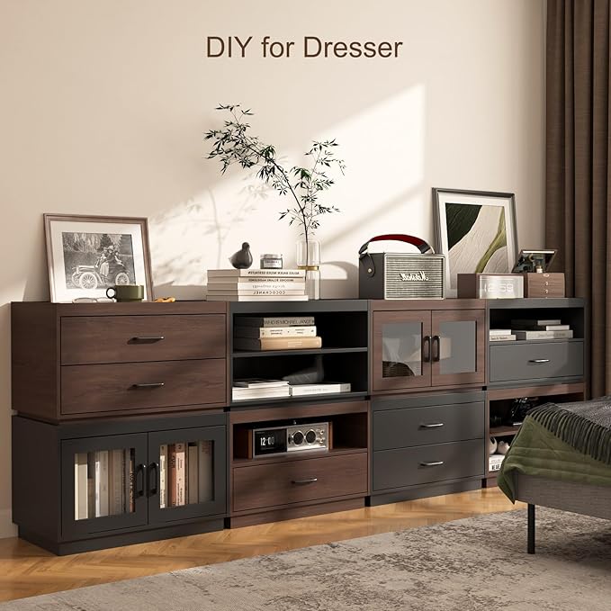 Stackable Storage Drawers, 28" Wide Storage Bins with 2 Doors for Closet Organizers, Wood Stackable Closet Organizer Modern Large Stackable Units for Living Room Hallway Bedroom, Black