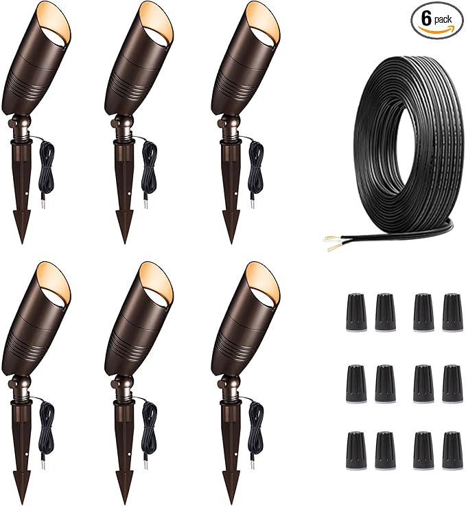 Landscape Light Kit, 6 Pack 3CCT Selectable Spot Light and 100FT Cable and 30 Wire Connectors, Aluminum ORB Waterproof LED Uplight, Perfect for Garden Flag Wall, Without Transformer