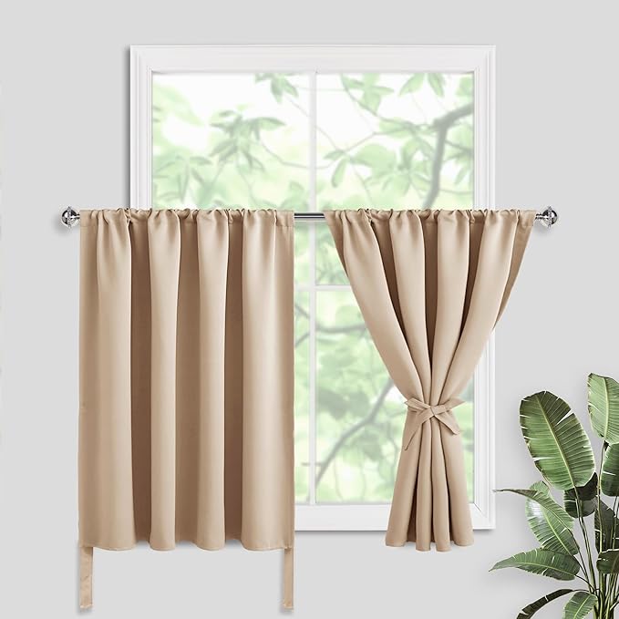 JIUZHEN Short Blackout Curtains for Small Window - Cafe Room Darkening Privacy Thermal Insulated Half Window Curtains Tiers for Bathroom,Kitchen, W 52 x L 36 Inch, Set of 2 Panels with Tiebacks, Beige