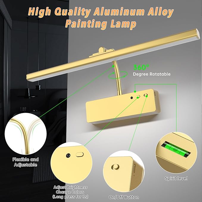 Lightbiz Picture Light 2 Pcs, 15.35inch 5400mAh Rechargeable Picture Lights for Wall Battery Operated Wall Lights with Remote, 3 Colors Paintings Light Dimmable Art Light for Artwork, Gallery (Gold)