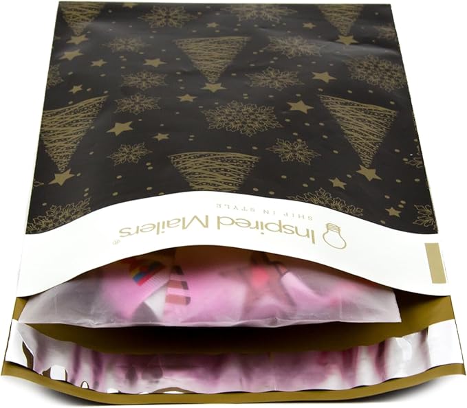 Inspired Mailers - Holiday Poly Mailers 6x9-100 Pack - Christmas Trees and Snowflakes (Black/Gold) - Small Shipping Bags 6x9 - Small Package Bags